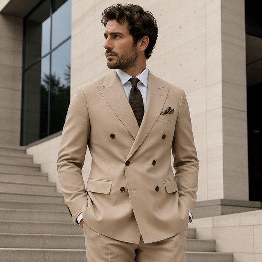 Beige dubbelknäppt kostym